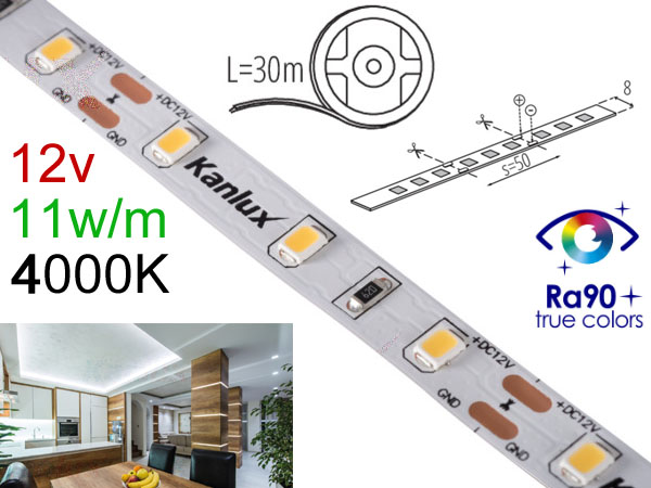 11nw30 Ruban Led 12v 11w/m 60leds/m Longueur 30m - Blanc neutre naturel 4000K - Ra 90 - adh�sif