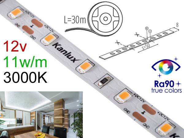 11ww30 Ruban Led 12v 11w/m 60leds/m Longueur 30m - Blanc chaud 3000K - Ra 90 - adh�sif