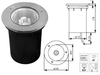 drax7195 Spot encastrable extrieur tanche rond 15cm IP 67 Aluminium culot E27 pour terrasse , jardin et plage de piscine