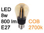 Ampoule  vis E27  Filaments LED COB 8w 230V blanc chaud 2700K haute luminosit 800lm