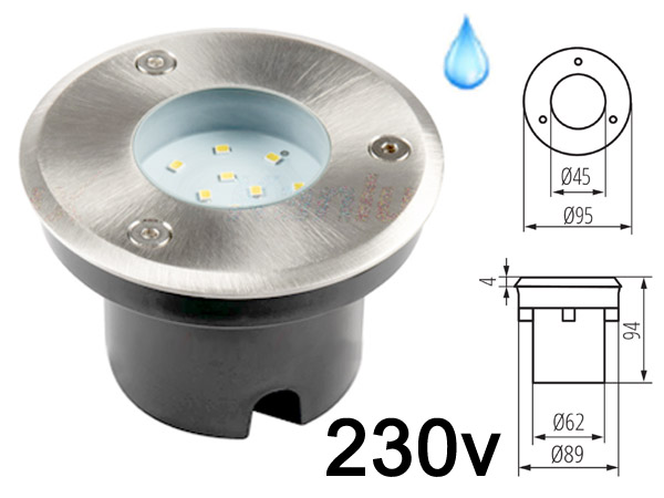 gordo193 Spot LED 220v 230v 1w BLANC lumire du jour 6500k, Rond, tanche IP67 pour l'exterieur. Faible profondeur. Encastrable pour sol de terrasse & jardin