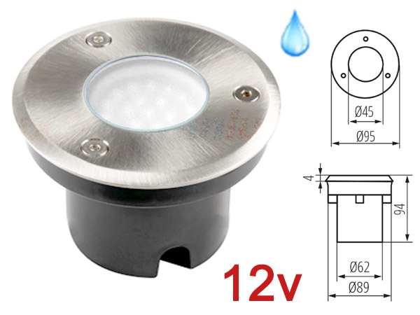 gordo19312v Spot LED 12v 2w BLANC lumire du jour 6000K, Rond, tanche IP67 pour l'exterieur. Faible profondeur. Encastrable pour sol de terrasse, jardin et plage de piscine