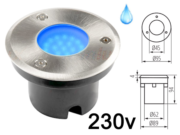 gordo193bl Spot LED 220v 230v 2w BLEU, Rond, tanche IP67 pour l'exterieur. Faible profondeur. Encastrable pour sol de terrasse & jardin