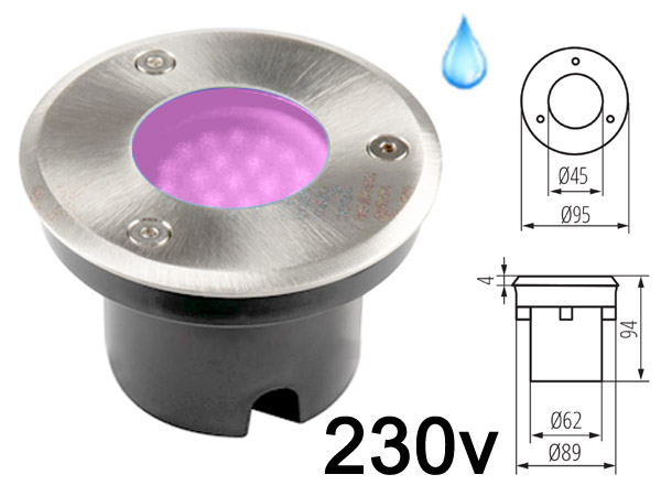 gordo193pk Spot LED 220v 230v 2w ROSE, Rond, tanche IP67 pour l'exterieur. Faible profondeur. Encastrable pour sol de terrasse & jardin