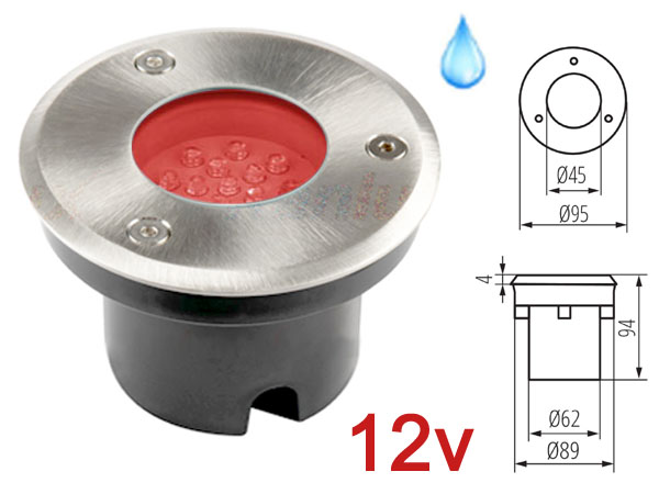 gordo193rg12v Spot LED 12v 1w ROUGE, Rond, tanche IP67 pour l'exterieur. Faible profondeur. Encastrable pour sol de terrasse, jardin et plage de piscine