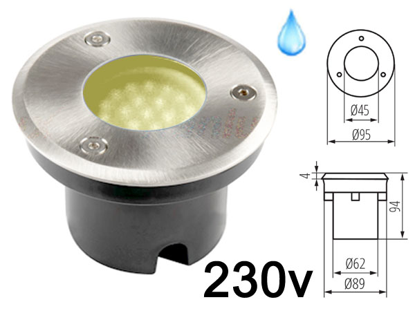 gordo193ww Spot LED 220v 230v 2w BLANC CHAUD 3000K, Rond, tanche IP67 pour l'exterieur. Faible profondeur. Encastrable pour sol de terrasse & jardin