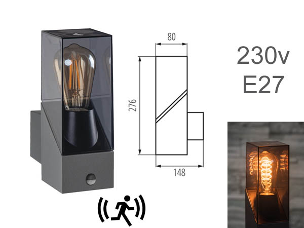 laven28 Applique murale carr extrieure noire 230v pour ampoule LED E27 avec dtecteur de mouvement PIR