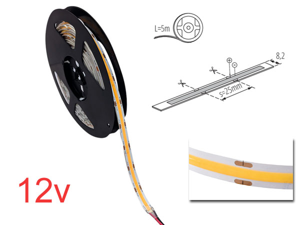 lcob3000 Ruban Led 12v �tanche 8w/m leds cob Longueur 5m - Blanc chaud 3000K - Ra 90 - adh�sif - ext�rieur