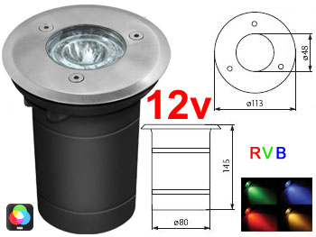 led4870rvb12v Spot encastrable extrieur 16 couleurs RVB RGB 5w power LED tanche IP 67 Aluminium MR16 12v rond pour terrasse , jardin et plage de piscine avec double presse toupe 