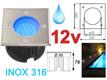 odrog7012blbt12v Spot LED 12v 1.8w Bleu, Carr, tanche IP67 pour l'exterieur. Inox 316L, Faible profondeur. Encastrable pour sol de terrasse, jardin et plage de piscine