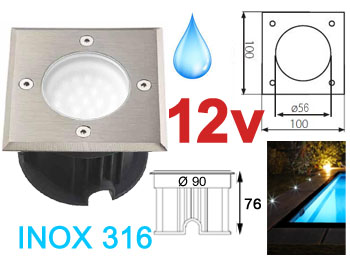 odrog7012bt12v Spot LED 12v 1.8w 6000k blanc lumière du jour, Carré, étanche IP67 pour l'exterieur. Inox 316L, Faible profondeur. Encastrable pour sol de terrasse, jardin et plage de piscine