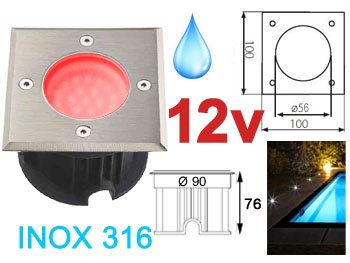 odrog7012rgbt12v Spot LED 12v 1w rouge, Carré, étanche IP67 pour l'exterieur. Faible profondeur. Encastrable pour sol de terrasse, jardin et plage de piscine