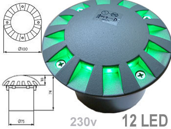 regor7280vt Spot carrossable led vert encastrable de sol rond extrieur tanche IP 66 Aluminium LED VERTES 230v 360 pour alle , jardin et accs voiture