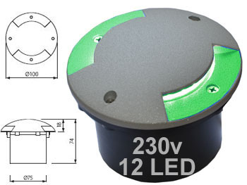 regor7281vt Spot carrossable led vert encastrable de sol rond extrieur tanche IP 66 Aluminium LED VERTES 230v double faisceau pour alle , jardin et accs voiture