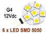 AMPOULE 6 x LED SMD 160Lm 1.2w trs grand angle 150 BLANC chaud 3500k type G4 12V dc