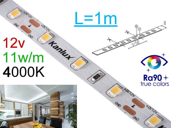 11nw1 Ruban Led sur mesure 12v 11w/m 60leds/m - Blanc neutre naturel 4000K - Ra 90 - adhsif