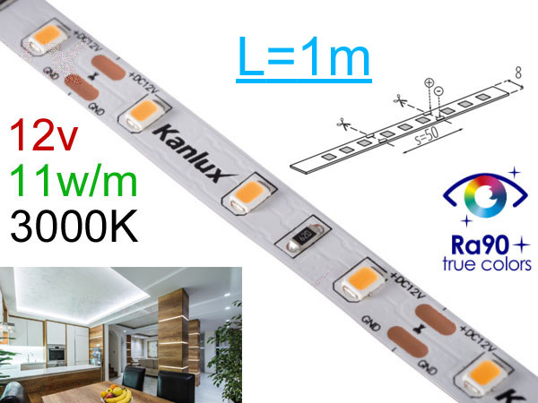 11ww1 Ruban Led 12v sur mesure 11w/m 60leds/m - Blanc chaud 3000K - Ra 90 - adhsif