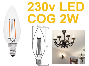 e14led2cog Ampoule flamme à Filaments LED COG 2w E14 230V blanc chaud haute luminosité 200lm