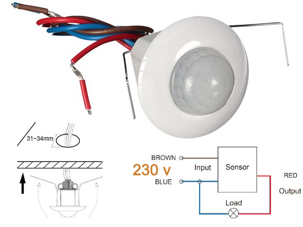 ems110 Mini dtecteur de mouvement PIR  encastrer discret  sortie 230v diamtre 38mm percage 32mm