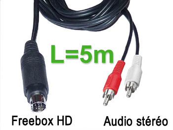 fbx2aud5 Cordon cable audio stéréo blindé mini din 9 broches pour Freebox HD vers 2 rca male L=5m