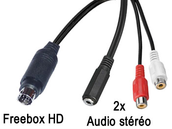 fbx2rcajkf Cordon cable audio stéréo blindé mini din 9 broches pour Freebox HD vers jack 3.5mm femelle + 2 rca femelles L=2x10cm