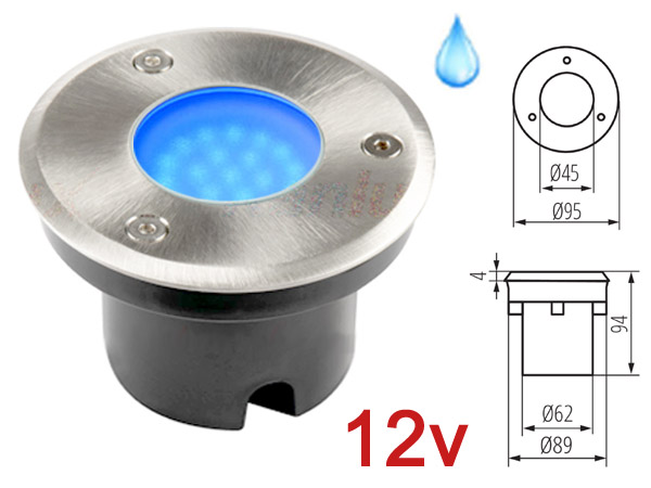 gordo193bl12v Spot LED 12v 2w BLEU, Rond, tanche IP67 pour l'exterieur. Faible profondeur. Encastrable pour sol de terrasse, jardin et plage de piscine