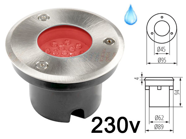 gordo193rg Spot LED 220v 230v 1w ROUGE, Rond, tanche IP67 pour l'exterieur. Faible profondeur. Encastrable pour sol de terrasse & jardin