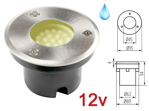 gordo193ww12v Spot LED 12v 2w BLANC CHAUD 3000K, Rond, tanche IP67 pour l'exterieur. Faible profondeur. Encastrable pour sol de terrasse, jardin et plage de piscine