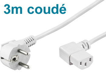 Câble d'alimentation PC IEC vers secteur 230V 2P+T coudé 90° (2m