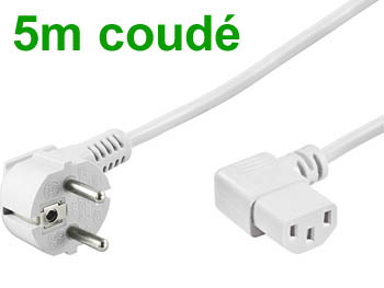 iec5b Cordon alimentation cable secteur blanc 5m coud schuko avec fiche IEC 320 coude pour PC , cran plat lcd / led / plasma ...
