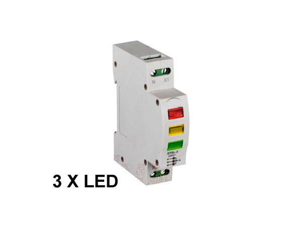 kli230rgy Triple voyants 230v LED vert, jaune, rouge pour RAIL DIN. Largeur 1 module