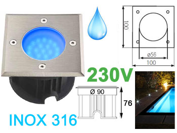 odrog7012bl Spot LED 220v 230v 2w BLEU, Carr, tanche IP67 pour l'exterieur. Faible profondeur. Encastrable pour sol de terrasse & jardin. Inox 316L compatible milieu salin ( piscine filtrage au sel / bord de mer)