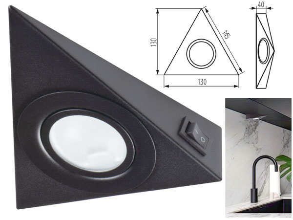 opez86b Spot triangle noir 12v G4 pour plan de travail de cuisine fixation sous meuble haut avec interrupteur ( sans ampoule )