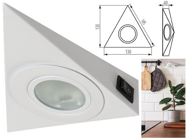 opez86w Spot triangle blanc 12v G4 pour plan de travail de cuisine fixation sous meuble haut avec interrupteur ( sans ampoule )