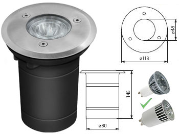 orom4870m Spot encastrable extrieur tanche IP 67 inox GU10 230v rond pour terrasse , jardin et plage de piscine avec double presse toupe version spciale pour lampe power LED 