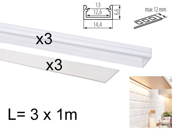 prfdif31w Lot de 3x Profils aluminium laqus blanc 1m pour ruban LED 8mm et 12mm avec diffuseurs translucides