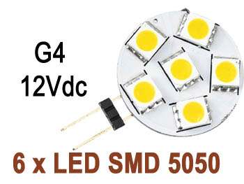 smdg4ww2 AMPOULE 6 x LED SMD 160Lm 1.2w trs grand angle 150 BLANC chaud 3500k type G4 12V dc
