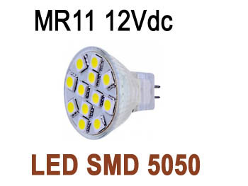 smdmr11cw AMPOULE LED SMD5050 haute puissance 2.4w tr�s grand angle 120� BLANC froid 6500k type MR11 12V dc