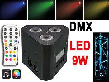 vdpltl Projecteur RVB TRUSSLED 3x3w DMX et tlcommande. Micro intgr pour effets en rythme sur la musique. Couleur fixe et rglable possible.