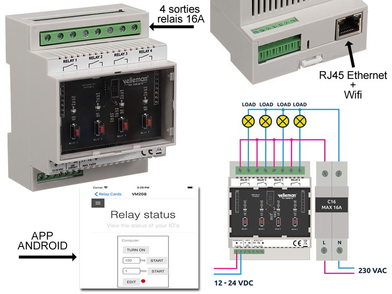 vm208 Contrleur  distance IP 4 sorties Relais via Internet et Android avec serveur web intgr. Ethernet RJ45 et wifi. Montage RAIL DIN