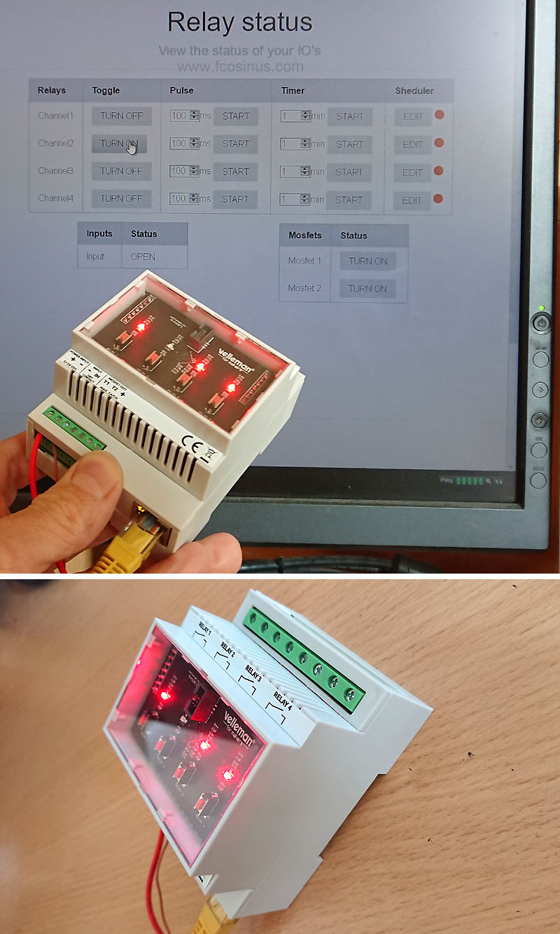 vm208 Velleman VM208 | Contrôleur à distance IP 4 sorties Relais via Internet et Android avec serveur web intégré. Ethernet RJ45 et wifi. Montage RAIL DIN Image vm208 Velleman VM208 | Fcosinus
